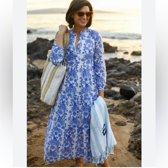Tuckernuck Ro's Garden Bluefanny Rio Maxi Midi Dress Long Sleeve Boho blue white - Picture 9 of 16